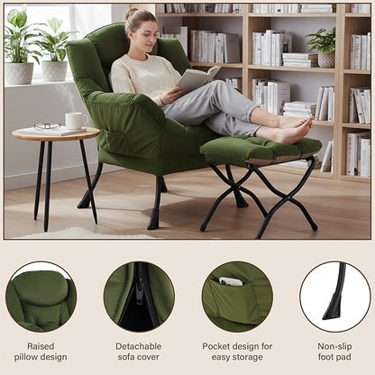 Welnow Lazy Chair with Ottoman, Modern Reading Accent Chair with Armrests and a Side Pocket, Leisure Upholstered Lazy Sofa Set with Footrest for Small Space, Army Green