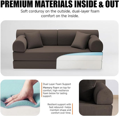 78.8" Boneless Memory Foam Couch, Corduroy Convertible Floor Sofa Bed, Fold-Out Sleeper Futon Loveseat, Wide Armrests & Supportive Back, 1200 lb, Couch in a Box, 2 Pillows, Brown