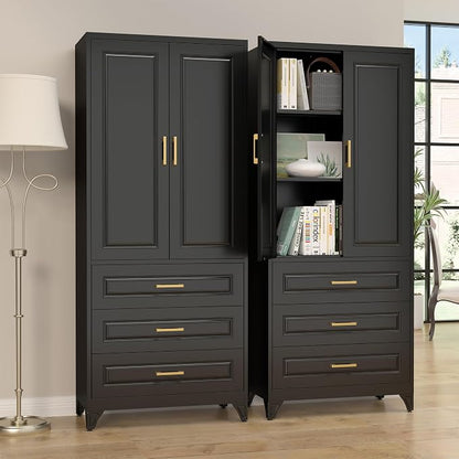 SteeLoong 75" Kitchen Pantry Cabinet with 3 Drawers,Metal Storage Cabinets with Doors and 2 Adjustable Shelves,Black Kitchen Cabinet with 2 Gold Handles,Food Cupboard for Livingroom, Bathroom,Pantry