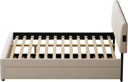 Queen Size Upholstered Platform Bed with Pull-Out Trundle Bed | Twin Size Trundle, LED Lighting Controlled by APP, USB+Type-C Charging Ports, Chenille Upholstered Bed Frame,Beige