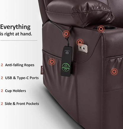 MCombo Power Lift Recliner Chair for Elderly R7042(Dark Brown, Small-Wide) | Heat and Massage, Breathable Faux Leather, USB& Type C Charging Port, FSC Certified