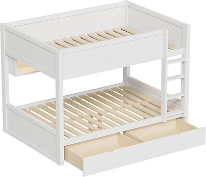 Merax Full XL Over Full XL Wood Bunk Bed with Ladder, Storage Shelves & Drawers, Floor Multifunction Bunk Bed with Full Length Gardrails for Bedroom, Space Saving,White