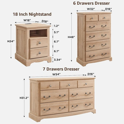T4TREAM Farmhouse Dressers & Night Stand Set of 4, 54" Wide 7 Drawer Dresser & 48" Tall 6 Drawers Chests, 18" Wide 2 Drawers Side Table Set of 2, Furniture Dresser Sets for Home, Natural Oak