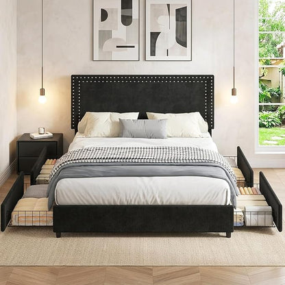 VECELO Queen Size Upholstered Bed Frame with 4 Storage Drawers, Adjustable Velvet Rivet Decor Headboard, Wooden Slats Platform Support, No Box Spring Needed, Easy Assembly,Black