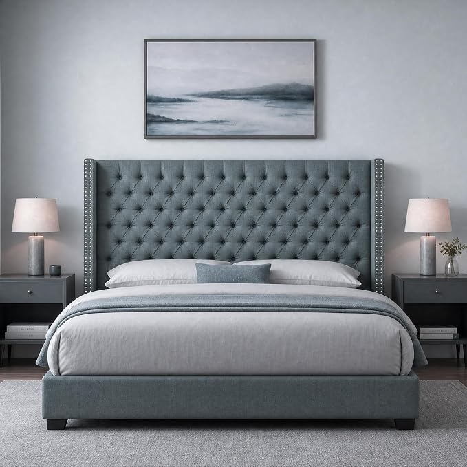 Madison Park Queen Wingback Upholstered Tufted Headboard, Featuring High-Density Sponge Padding, Adjustable Height Headboard, Easy Assembly, Dark Grey Woven