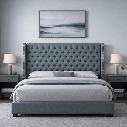 Madison Park Queen Wingback Upholstered Tufted Headboard, Featuring High-Density Sponge Padding, Adjustable Height Headboard, Easy Assembly, Dark Grey Woven