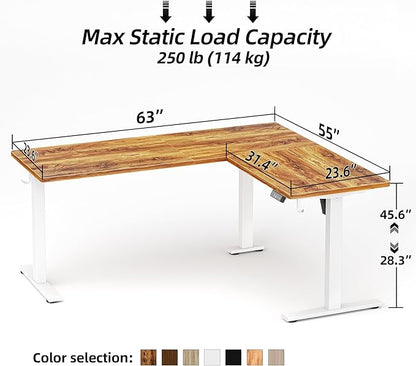 TIQLAB Standing Desk L Shaped, 63x55 Inch Adjustable Height, Electric Stand Up Desk, Corner Sit Stand Desk with Splice Board, Light Rustic Brown