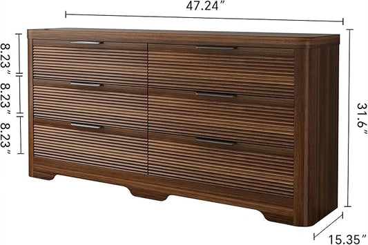 FUSUNBAO Fluted 6 Drawer Dresser, Modern Wood Dresser for Bedroom,TV Stand,Thickened Curved Profile Design,Bedroom,Entryway,Wood Drawer Organizer (Dark Walnut)