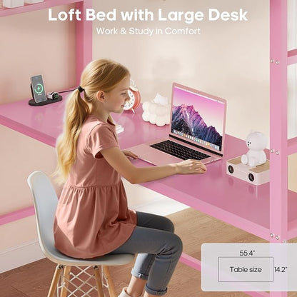 ADORNEVE Loft Bed Full Size with Desk and 8 Storage Drawers, LED Metal Loft Bed with Power Outlet, 2 Shelves & Clothing Rack, Bed with Safety Guardrail & Ladder,Space-Saving, Pink