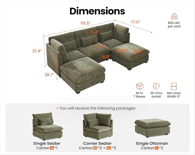 115" Oversized Chenille Couch Modular Sectional Sofa, Washable Cloud Couch Sectional with 2 Ottoman, 5 Seater Sectional Couches for Living Room, Fully Cover Removable, U Shaped, Chenille, Green