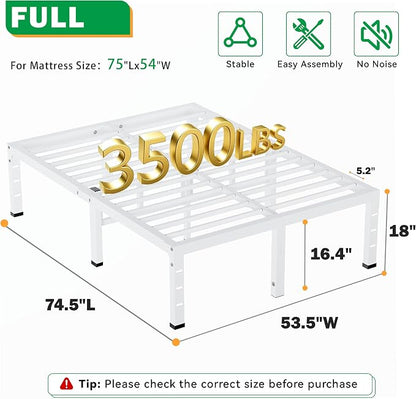 18 Inch Full Size Bed Frames, Heavy Duty Metal Platform 3500 lbs Capacity, No Box Spring Needed, 6 Mattress Slide Stopper, Headboard Holes, Noise-Free, Easy Assembly, White