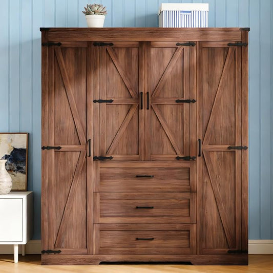 Farmhouse Wooden Armoire Storage Cabinet with Adjustable Shelves & Hanging Rod, 4 Doors Wardrobe Armoire Closet with Drawers,70" Freestanding Clothing Storage Cabinet for Bedroom (4 door, Brown-1)