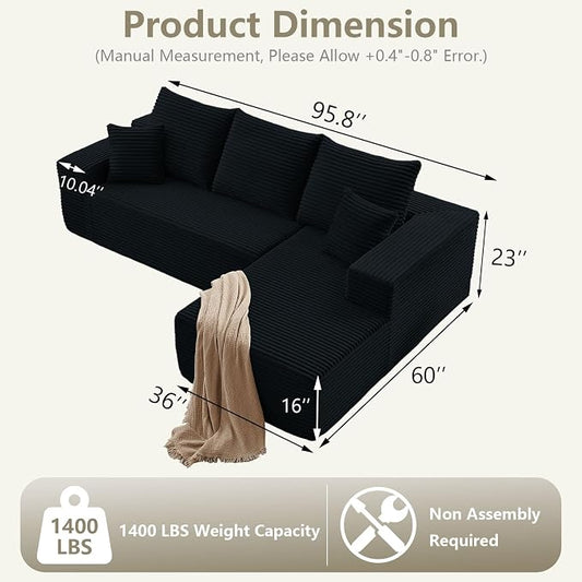 95.8" Cloud Sectional Couch with L-Shape Chaise, Modern Modular Comfy Sofa Chaise Longue, Upholstered Corduroy Couches Sleeper with Deep Seat for Living Room Bedroom, No Assembly Required, Black
