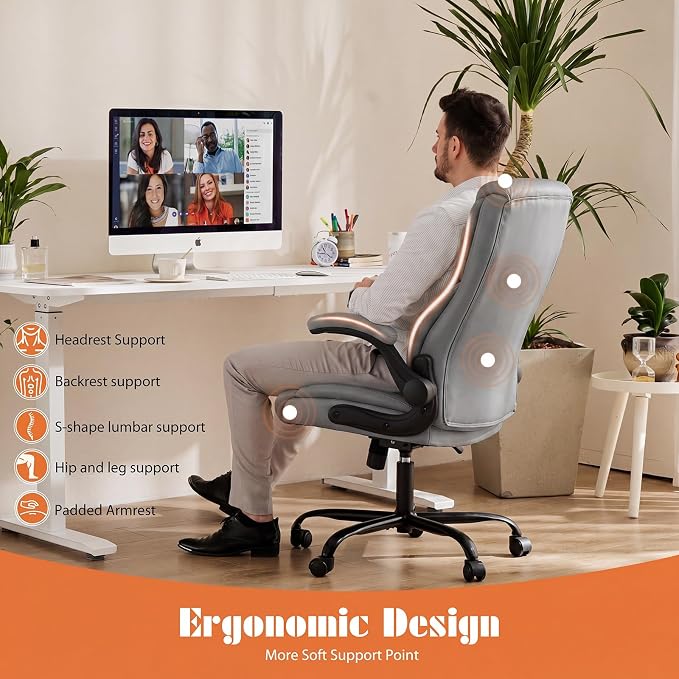 Sweetcrispy Office Computer Gaming Chair, Ergonomic High Back Heavy Duty Task Desk Chairs with Wheels, Flip-up Arms, Adjustable Height, PU Leather, Grey