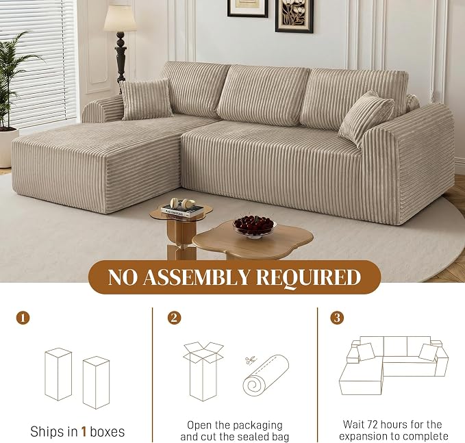 110" L Shaped Boneless Sectional Couches for Living Room, Comfy Corduroy Floor Cloud Sofa with Chaise, Wide Armrest, Deep Seat, Memory Foam, Assembly Free, Ideal for Small Spaces, Brown