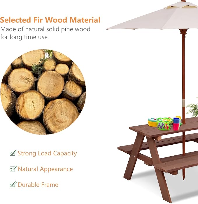 Costzon Kids Picnic Table, Wooden Childrens Table & Bench Set with Removable Umbrella, Kids Patio Furniture for Backyard, Garden, Kids Table and Chair Set for Outdoors (Natural)