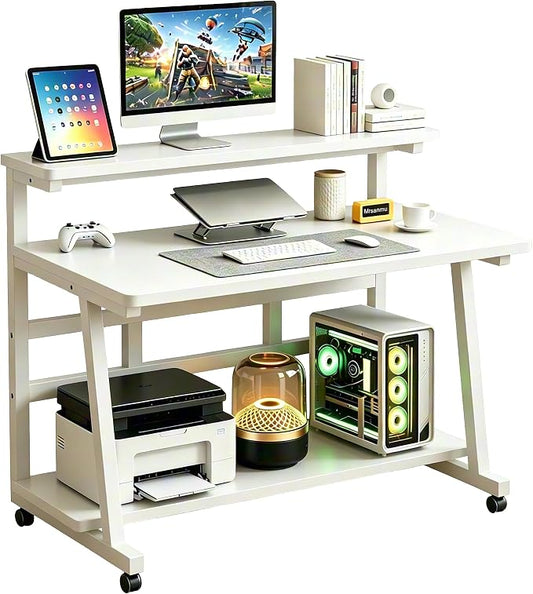Rolling Computer Desk, 39.4 Inch Small Desks For Small Space, Portable Small Computer Desk with Monitor Stand & 3-Tier Storage, Portable Desk on Wheels for Writing, Home Office, Small Desk for Bedroom
