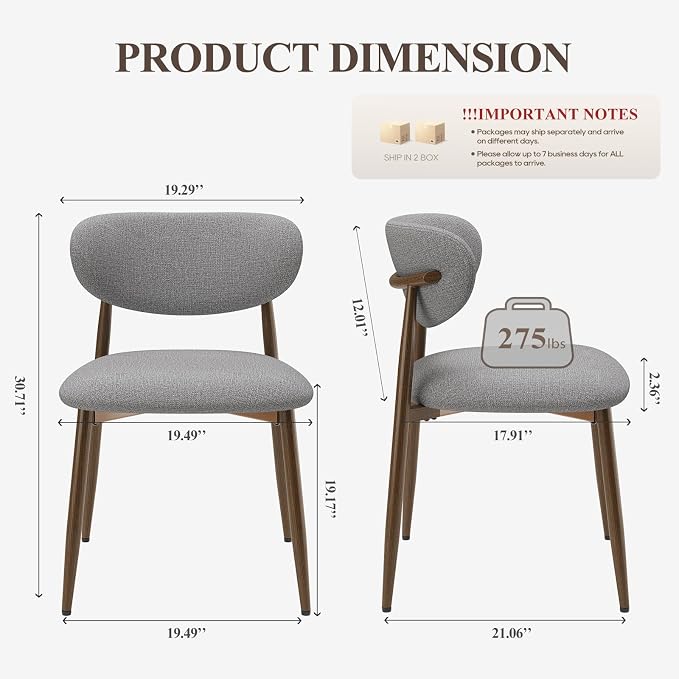 MALOL Dining Chairs Set of 4, Curved Back Kitchen Room Chairs with Metal Legs and Anti Slip Pads, Upholstered Dining Chair for Home and Restaurant, Light Grey