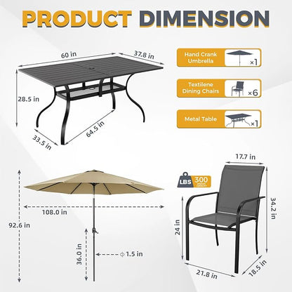 SUNCROWN 8 - Piece Outdoor Dining Set, Patio Furniture Set with 6 Textilene Dinning Chairs, 1 Rectangle Metal Table and 1 Brown 9Ft Patio Umbrella for Lawn Garden Backyard Deck, Grey
