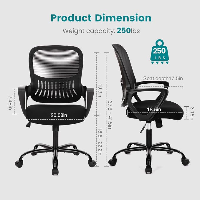 DUMOS Home Office Desk Chair - Ergonomic Mid Back with Lumbar Support & Rocking Mode, Height Adjustable with Fixed Armrest, for Conference, Computer, Meeting Room, 360° Swivel, Adults, Adults, Black