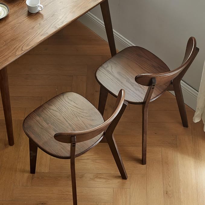 Solid Oak Walnut Dining Chairs Set of 2, Mid Century Modern Armless & Curved Back, Heavy Duty 400 lb Capacity, Easy Assembly for Small Kitchen, Dining Room, or Apartment