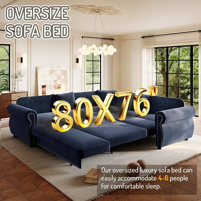 88.2" Sectional Sleeper Sofa with Pull Out Bed - Oversize L-Shaped Convertible Sleeper Couch Bed, Button Tufted Chesterfield Sofa, Chenille Vintage Couches for Living Room/Apartment(4-Seater, Blue)