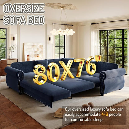 88.2" Sectional Sleeper Sofa with Pull Out Bed - Oversize L-Shaped Convertible Sleeper Couch Bed, Button Tufted Chesterfield Sofa, Chenille Vintage Couches for Living Room/Apartment(4-Seater, Blue)