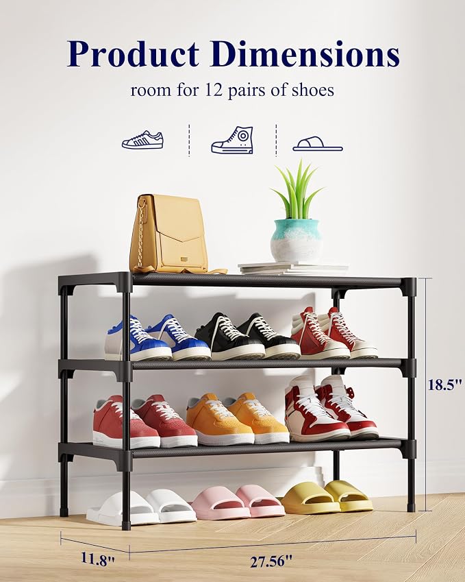 Kitsure Shoe Rack - Non-Woven Shoe Rack Shelf, Shoe Organizer for Closet, Entryway, Garage & Corridor, Stackable Shoe Shelves, 27.5" Wide - 3 Tier, Black