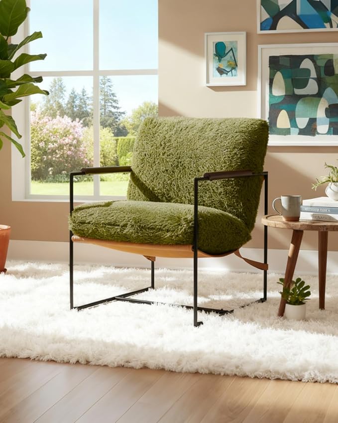 Karl home Modern Metal Frame Accent Chair, Green | Plush Fleece Upholstered, Wood Padded Armrest, 28" Seat Width, Comfy Lounge Armchair for Living Room, Bedroom, Apartment