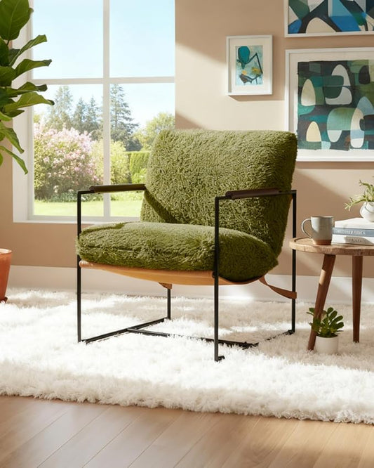 Karl home Modern Metal Frame Accent Chair, Green | Plush Fleece Upholstered, Wood Padded Armrest, 28" Seat Width, Comfy Lounge Armchair for Living Room, Bedroom, Apartment