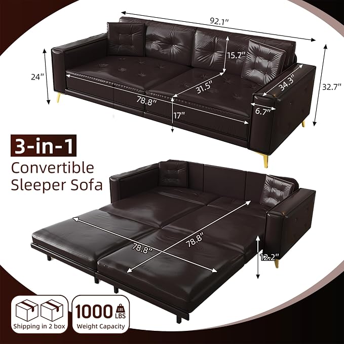 92.1'' Pull Out Sofa Bed King, Faux Leather Futon Couch, 3-in-1 Convertible Sleeper Sofa with Tufted Back, Gold Furniture Legs, Deep Loveseat for Living Room, Apartment, Office, Dark Brown