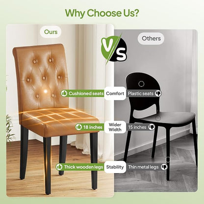 Welzona Upholstered Dining Chairs Set of 4, Button Tufted Parsons Dining Chair with Solid Wood Legs, Modern PU Leather Side Chair for Dining Room/Kitchen/Restaurant/Hotel- Brown