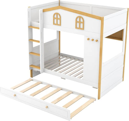 Merax Twin Over Twin Size House Bunk Bed with Storage Shelves & Pull-Out Trundle, Solid Wood Space-Saving Loft Bed Frame with Safety Guardrails for Bedroom, White+Natural