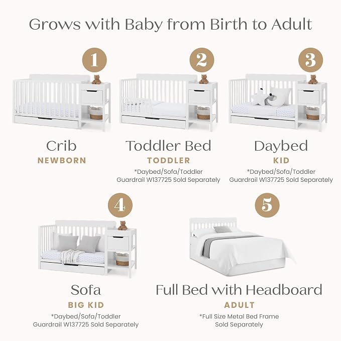 Delta Children Maya 5-in-1 Convertible Crib and Changer with Storage, Converts to Toddler Bed, Daybed, Sofa & Full Bed, Greenguard Gold Certified, 3 Mattress Heights for Baby, Bianca White
