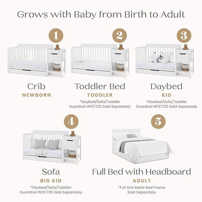Delta Children Maya 5-in-1 Convertible Crib and Changer with Storage, Converts to Toddler Bed, Daybed, Sofa & Full Bed, Greenguard Gold Certified, 3 Mattress Heights for Baby, Bianca White