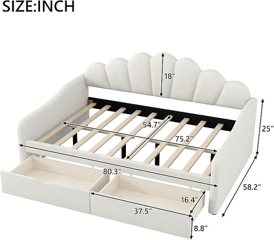 Ball & Cast Full Size Daybed with Two Storage Drawers,Velvet Upholstered Day Bed Frame Full with Shall Shaped Backrest and Wood Slat Support,No Box Spring Needed,Beige