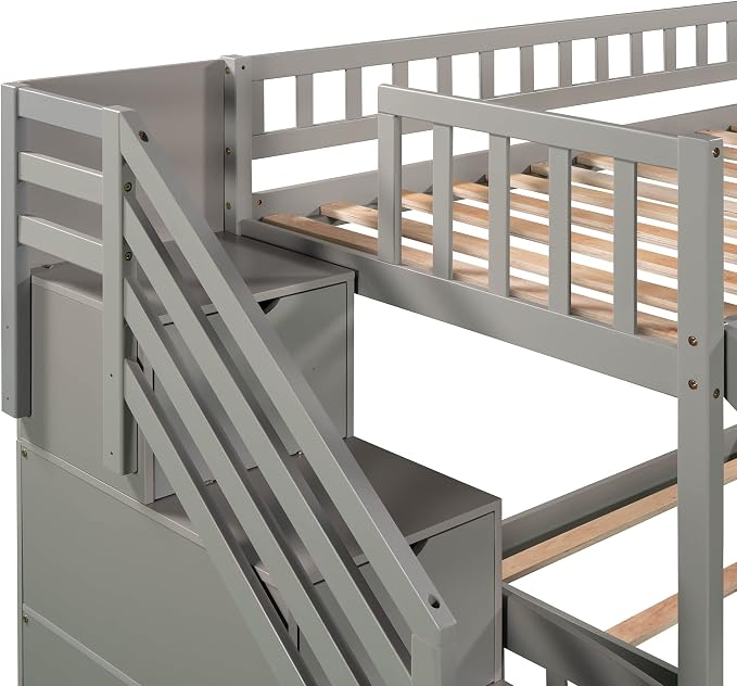 Ball & Cast Twin Over Twin Size Bunk Bed with Two Drawers and Slide,Wood Bunkbed w/Full-Length Guardrails & Storage Ladder,Space Saving,Slat Support,Bedframe for Child's Bedroom,Gray