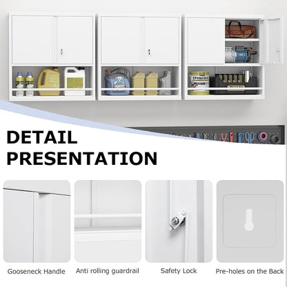 Metal Wall Cabinet, Steel Floating Hanging Storage Cabinet with Locking Doors and Adjustable Shelf for Garage, Basement, Kitchen, Warehouse Assembly Required, White