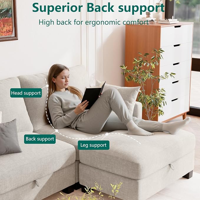 Modular Sectional Small U Shaped Sofa Couches for Living Room, Cloud Couch with Storage Ottoman, Comfy Chenille Sofa with Pillow, Beige