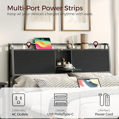 MAHANCRIS Headboard King Size with 2 Power Strips and Flip Door Storage | Industrial King Headboard with Adjustable Bed Frame Adapters, 95° Backrest, Easy Assembly, Sturdy Construction, Black