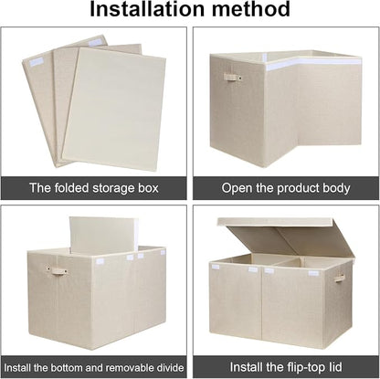 popoly 122L Large Toy Box Chest with Lid, Foldable Toy Storage Organizer Bin Boxes with Removable Divider for Kids, Boys, Girls, Nursery, Playroom, 26"x17" x17" (Linen Beige)