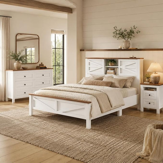 3 Pieces Bedroom Furniture Sets Queen Bed Frame with Dresser and Nightstand, Farmhouse Platform Bed Frames with Storage Headboard and Charging Station for Bedroom, White