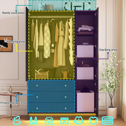 3 Doors LED Armoire Wardrobe Closet with Mirror, 75" Tall Modern Wooden Wardrobe Closet with 3 Drawers, Freestanding Clothing Storage Cabinet with Hanging Rod, Adjustable Shelves, Black
