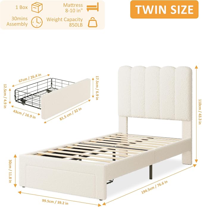 GarveeHome Twin Bed Frame with Under-Bed Drawer, Upholstered Platform Bed with Wave Headboard for Kids/Girls, Wooden Slats Support, No Box Spring Needed, Boucle Beige, 2 Sets