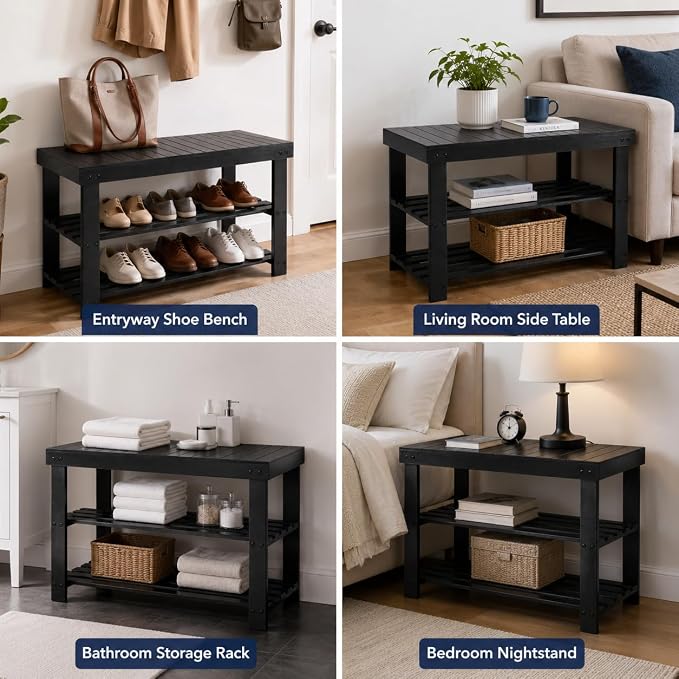 Shoe Rack Bench, 3-Tier Shoe Storage Organizer for Entryway , Shoe Shelf for Small Spaces, Multi-Functional Side Table Plant Stand, Shoe Stand for Bedroom, Living Room, Closet, Front Door, Black