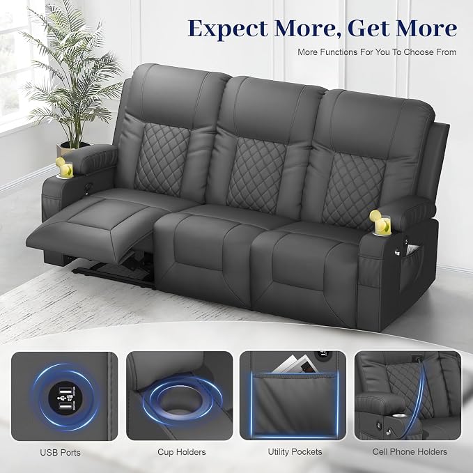 3 Seater Recliner Sofa, Home Theater Seating with Storage & Pocket, 3 Seat Reclining Couch with USB Ports & Phone Holders, Wall Hugger RV Sofa Furniture Loveseat Recliner Couch