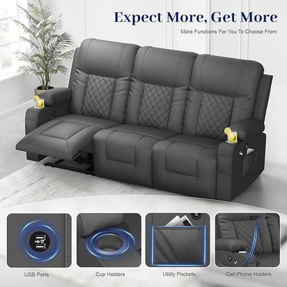 YONISEE 3 Seat Recliner Sofa, Large Reclining Sofa with Storage Drawer, Manual Recliner Couch with USB Ports, 2 Cell Phone Holder, 3 Seater Loveseat Recliner Couch for Living Room