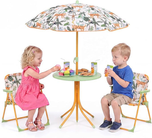 Costzon Kids Picnic Table, Kids Outdoor Table with 2 Folding Chairs, Height Adjustable Umbrella, Portable Children Outdoor Furniture for Patio, Garden, Backyard (Yellow Forest)