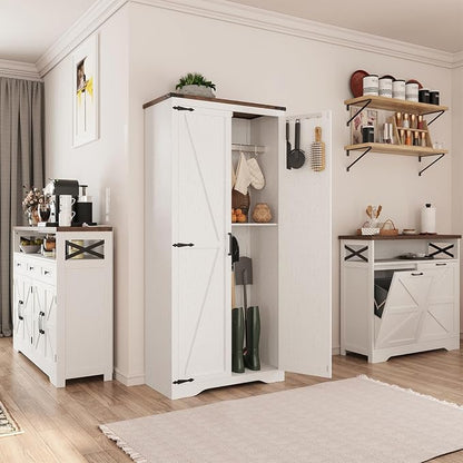 Befrases Set of 2 Farmhouse Storage Cabinet with Adjustable Shelves, Large Pantry Organize with 2 Barn Doors, Freestanding Cabinet for Kitchen, Garage, Basement, Living, Utility Room, Off-White
