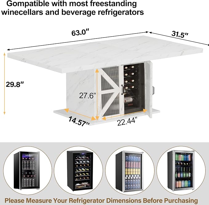 LVB Modern Dining Table for 4 to 6, White Rectangle Kitchen Table with Storage, Wooden Pedestal Dining Room Table with Fridge Space, Large Dinner Tables for Home,Living Room,White Faux Marble, 63 Inch